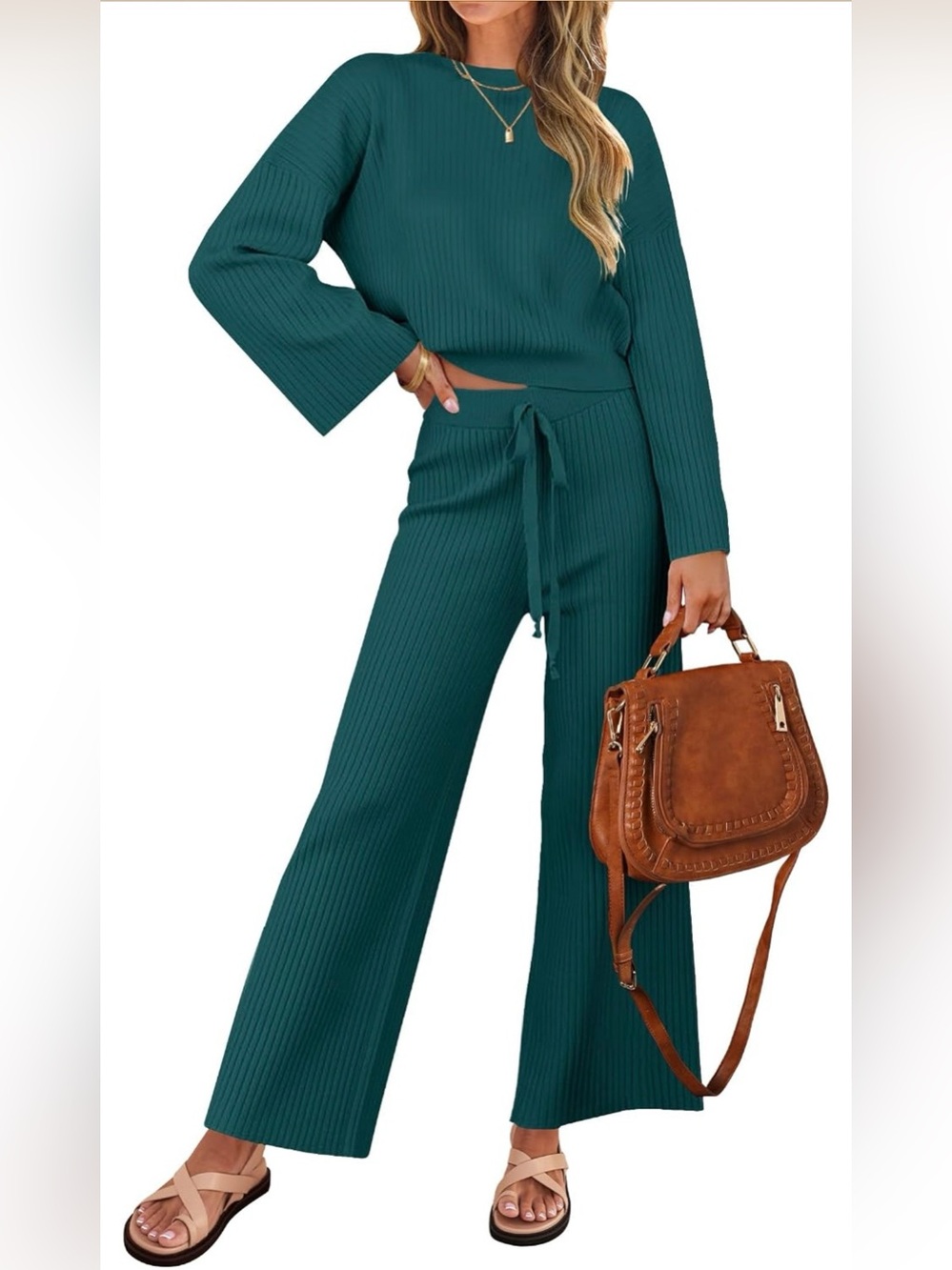 ZESICA Teal Ribbed Knit 2 Piece Wide Leg Pants Sweater Set S